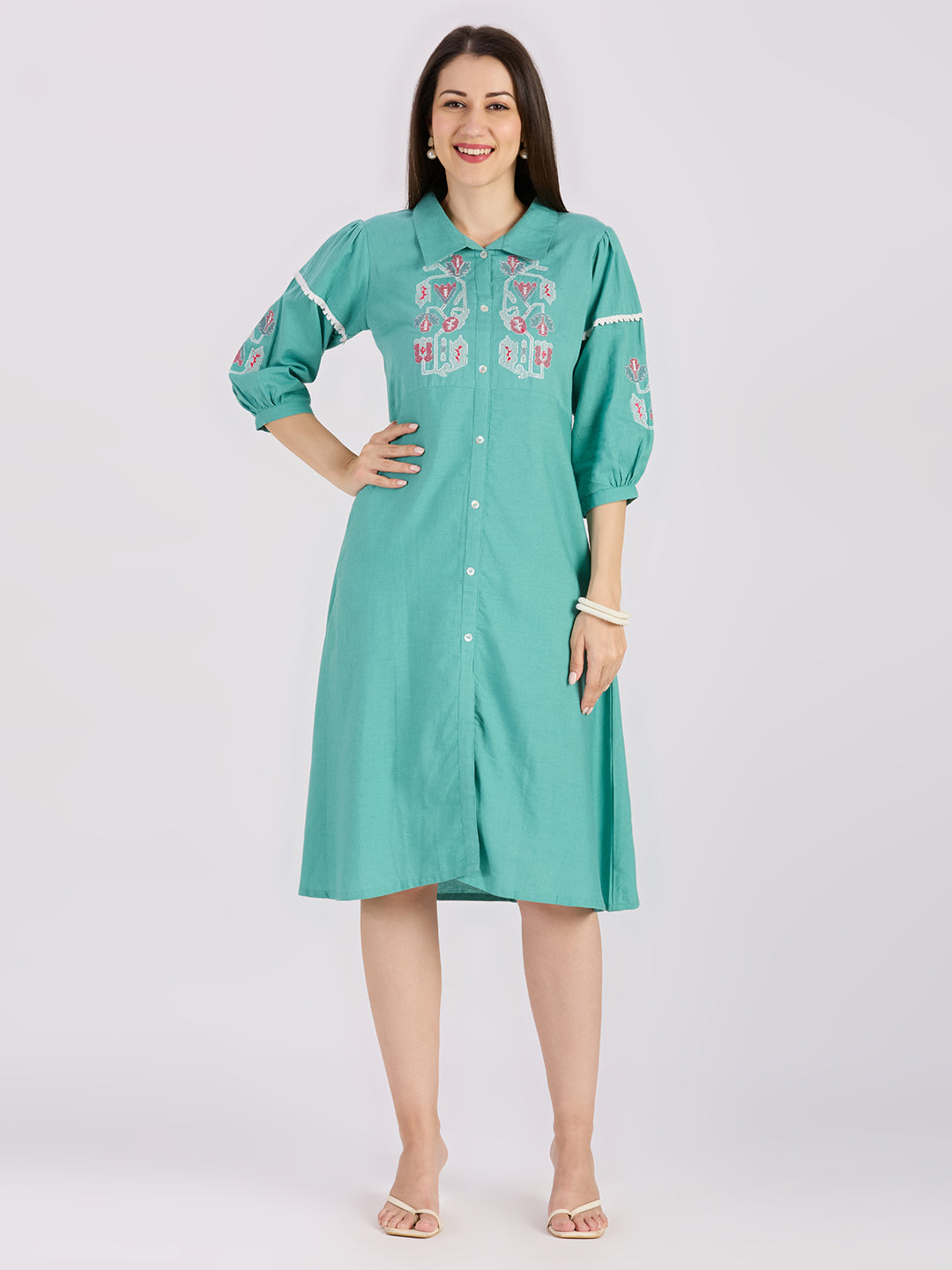 Sitayya Embroidered Dress - Pista Green