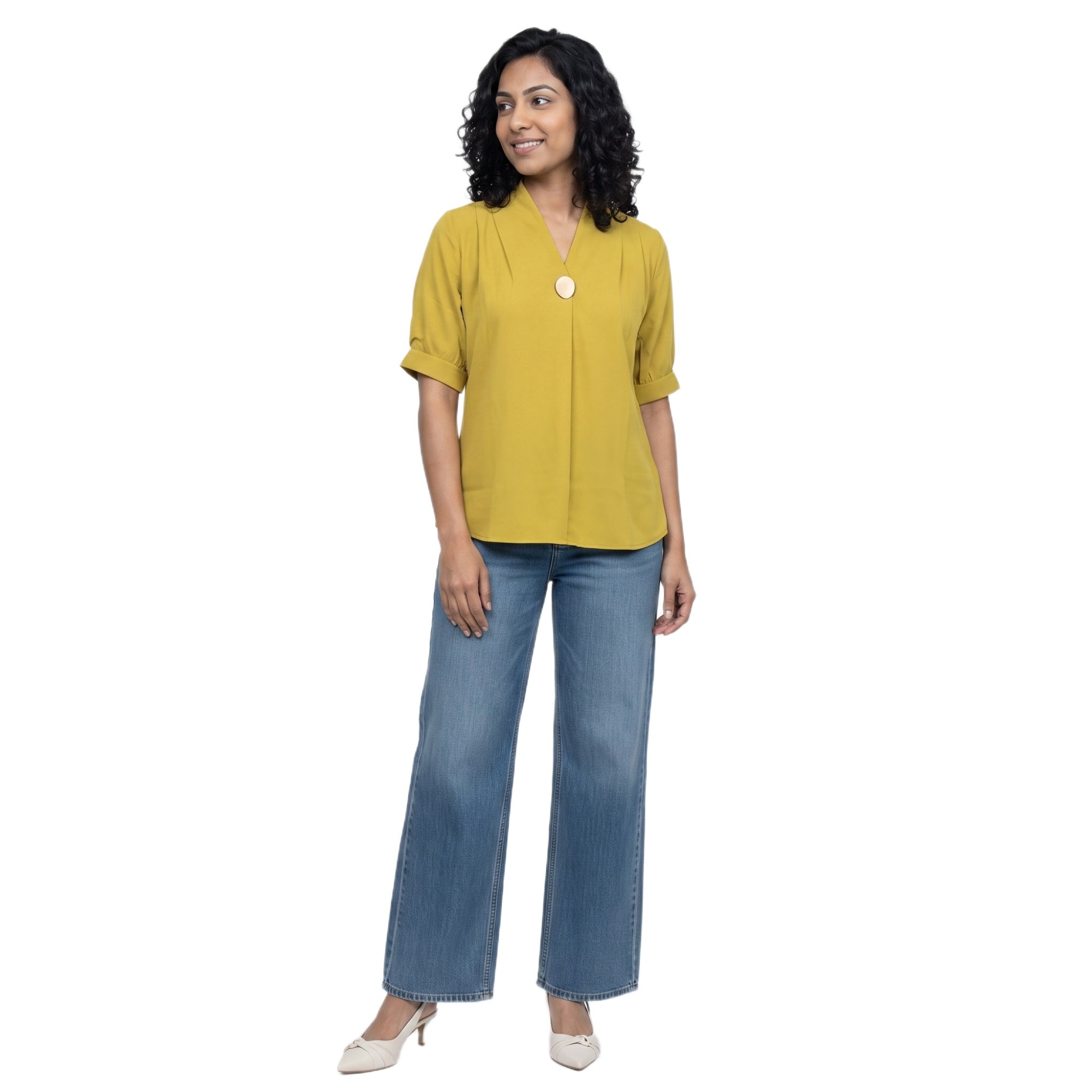 SITAYYA Women's Solid V-Neck Straight Fit Top | Half Sleeve Poly Cotton Casual Top