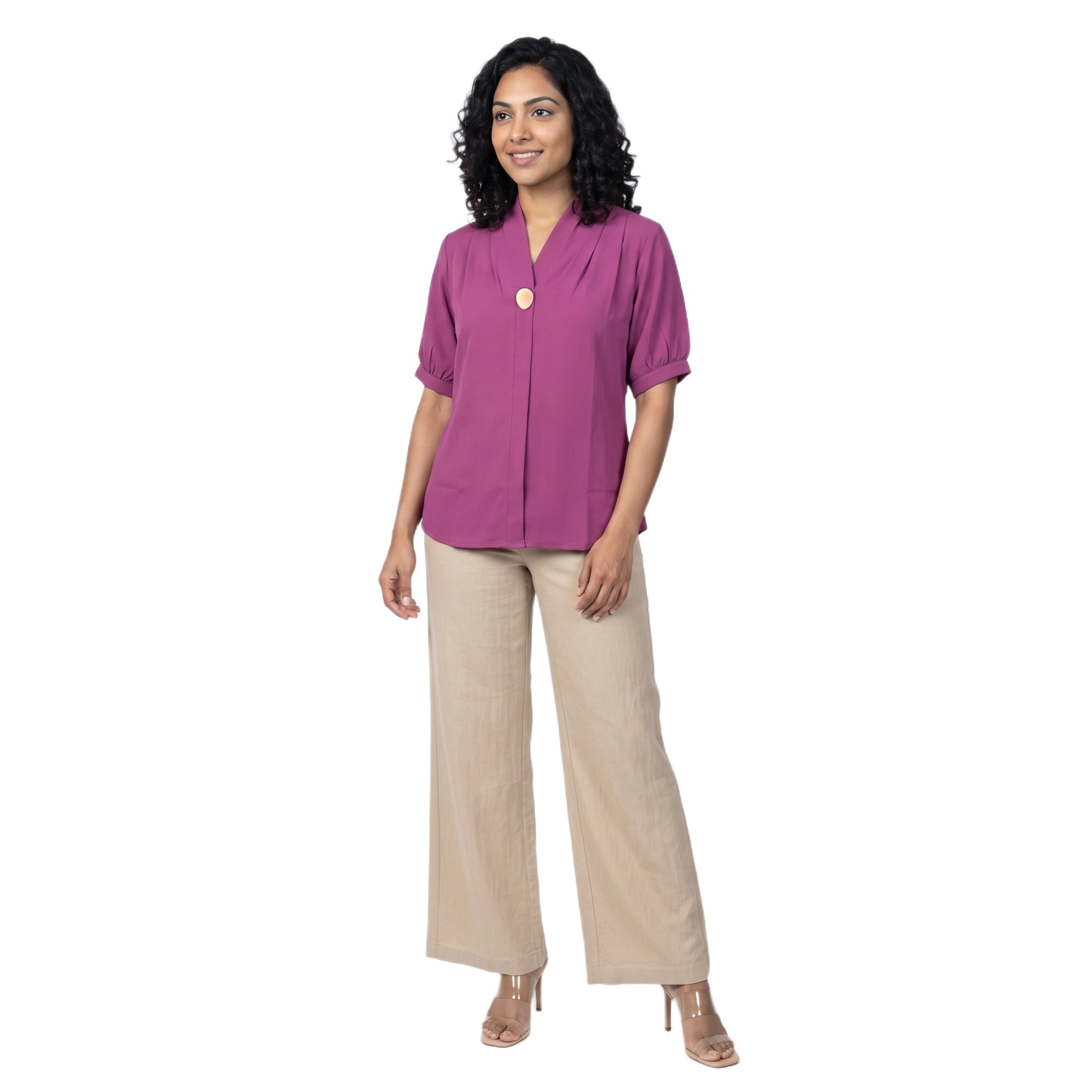 SITAYYA Women's Solid V-Neck Straight Fit Top | Half Sleeve Poly Cotton Casual Top