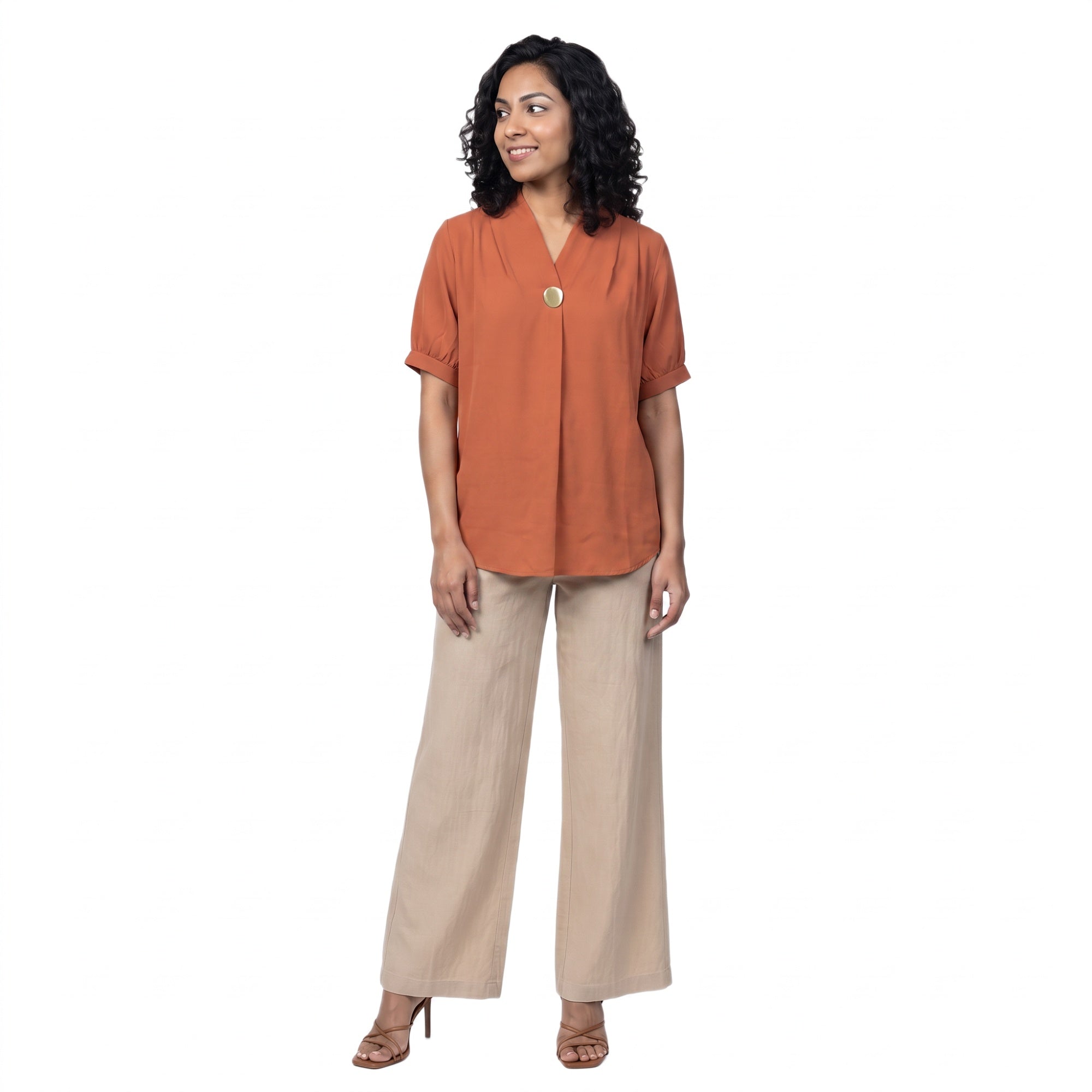 SITAYYA Women's Solid V-Neck Straight Fit Top | Half Sleeve Poly Cotton Casual Top
