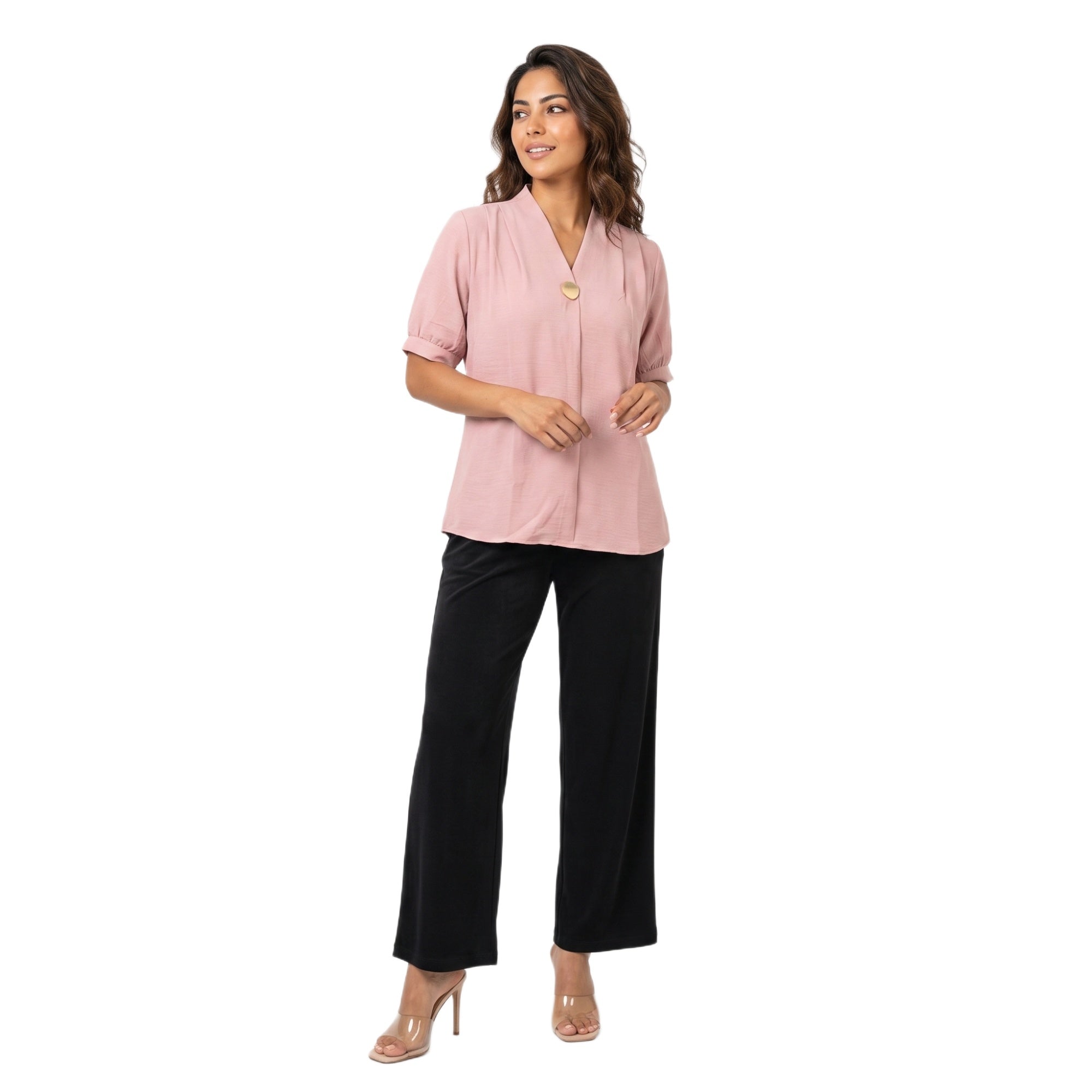 SITAYYA Women's Solid V-Neck Straight Fit Top | Half Sleeve Poly Cotton Casual Top