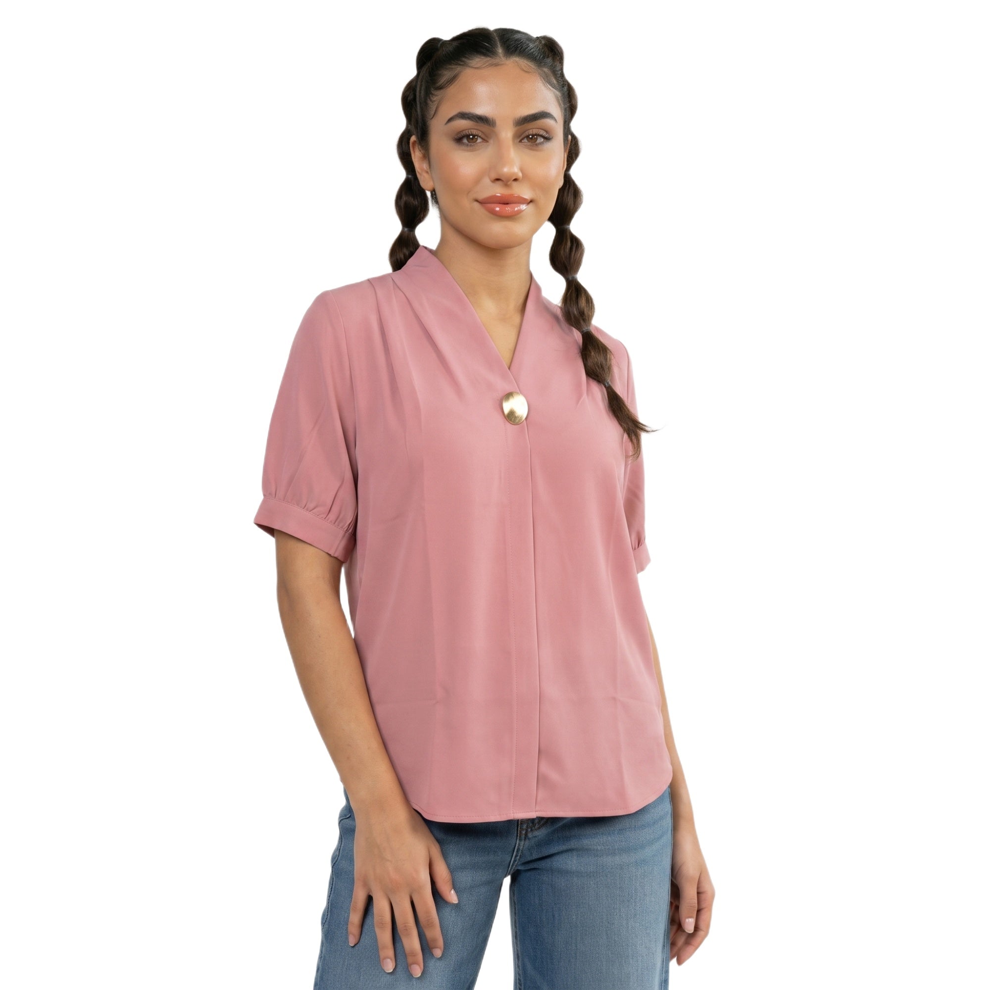 SITAYYA Women's Solid V-Neck Straight Fit Top | Half Sleeve Poly Cotton Casual Top