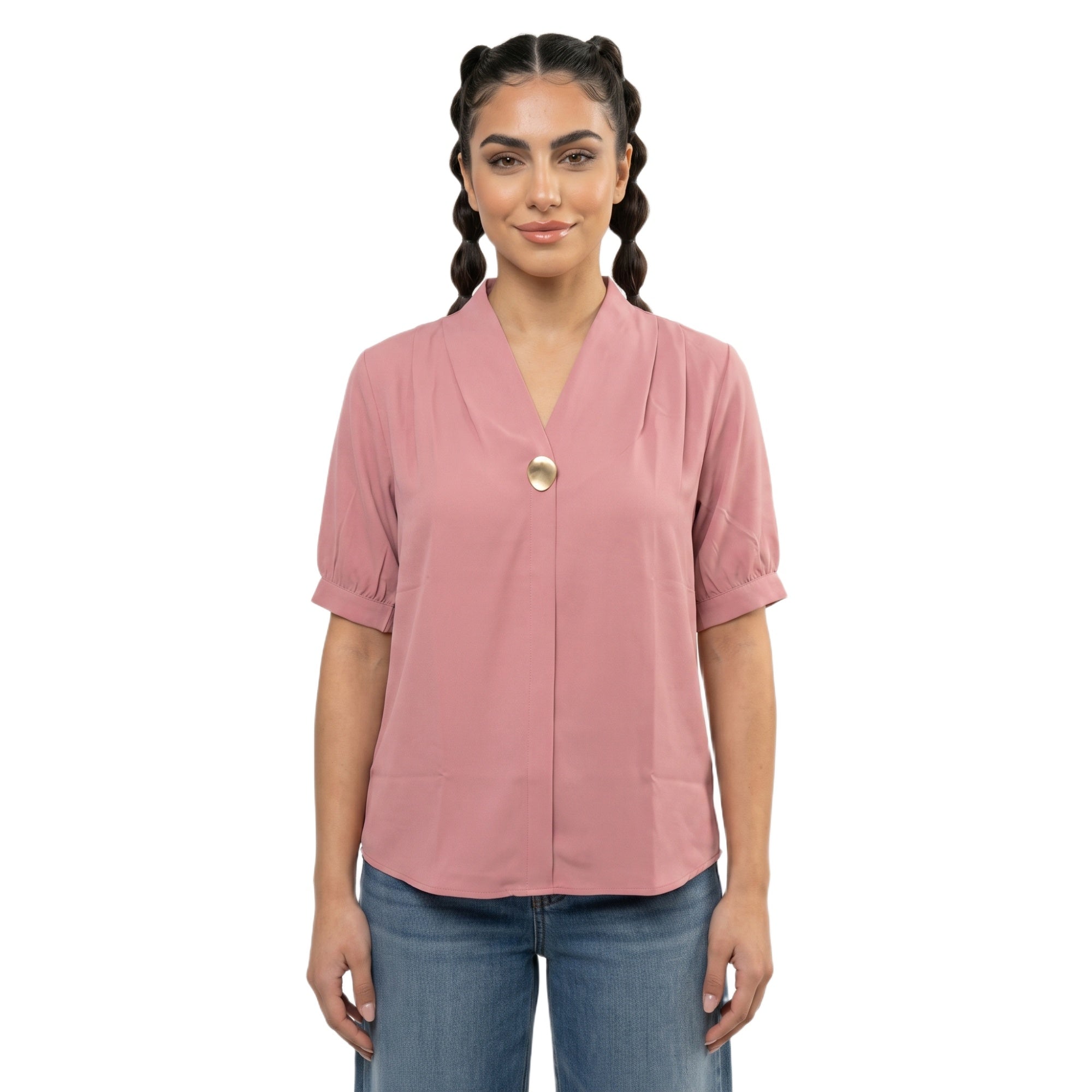 SITAYYA Women's Solid V-Neck Straight Fit Top | Half Sleeve Poly Cotton Casual Top