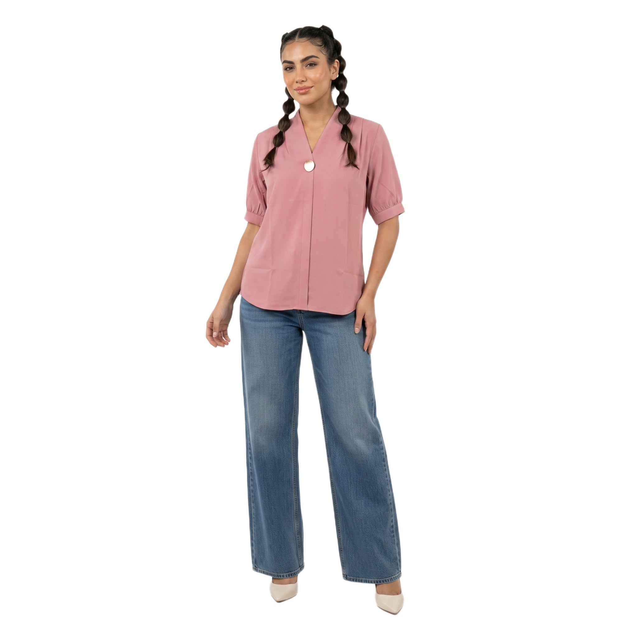 SITAYYA Women's Solid V-Neck Straight Fit Top | Half Sleeve Poly Cotton Casual Top
