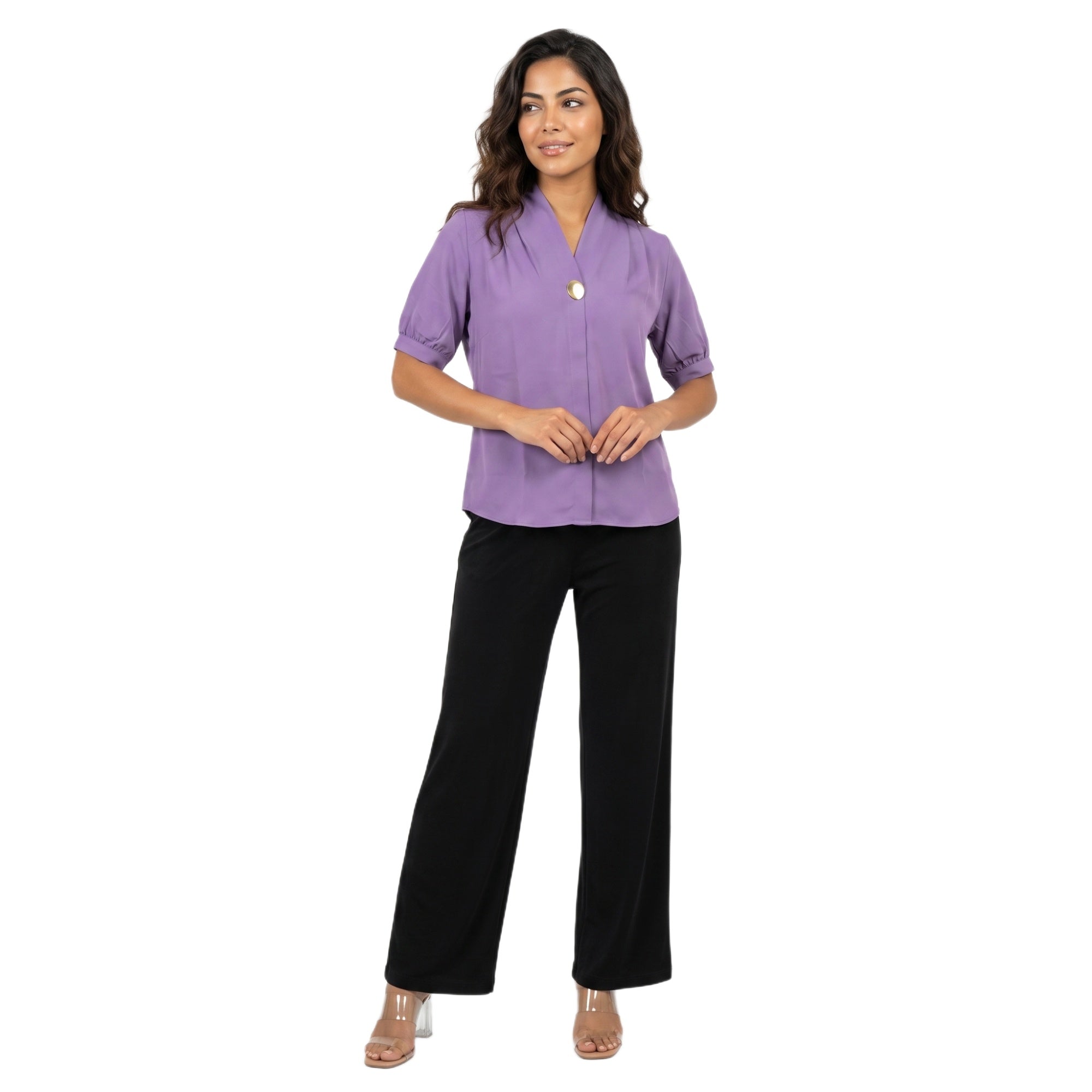 SITAYYA Women's Solid V-Neck Straight Fit Top | Half Sleeve Poly Cotton Casual Top